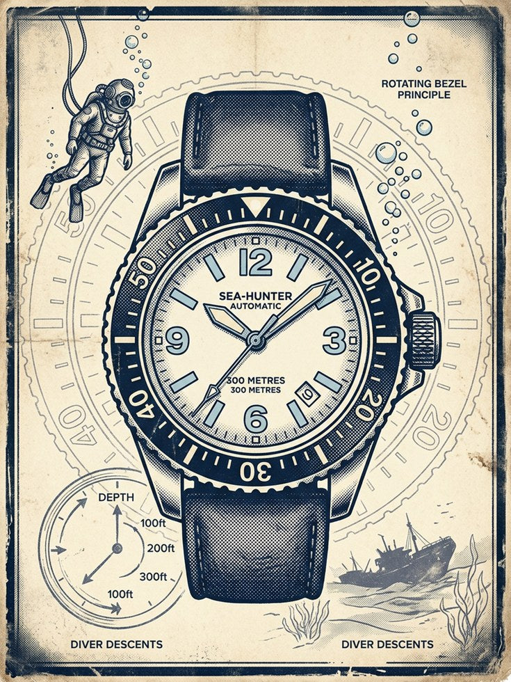 Vintage Dive Watch Technical Poster: Blueprint Illustration Art - artwork on paper