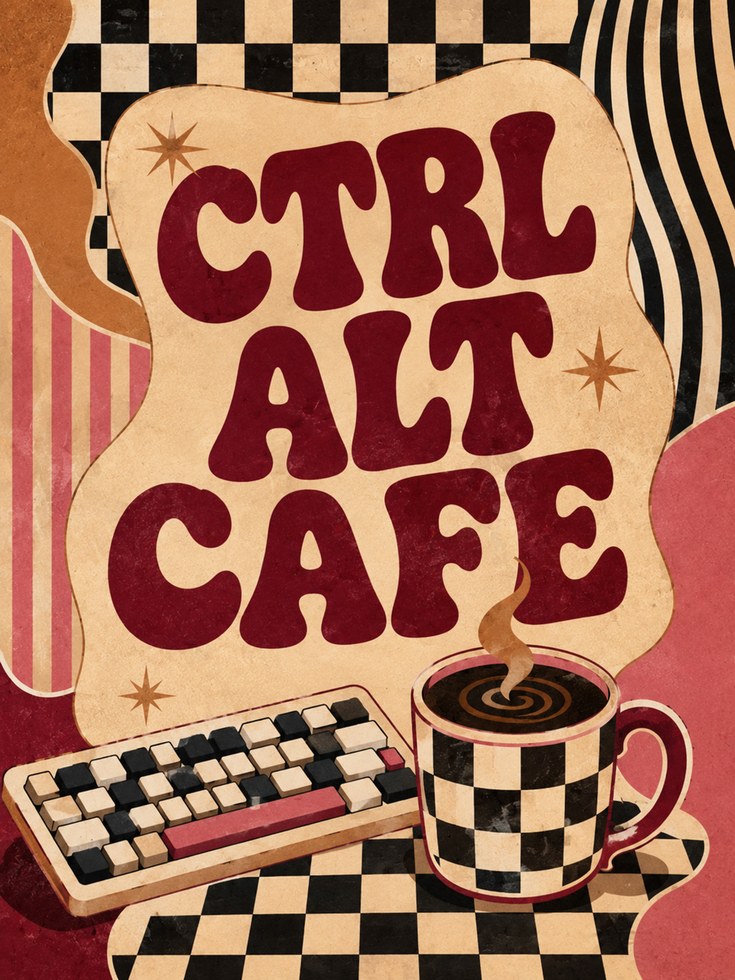 Cafe Wall Art: Retro Keyboard and Coffee - artwork on paper