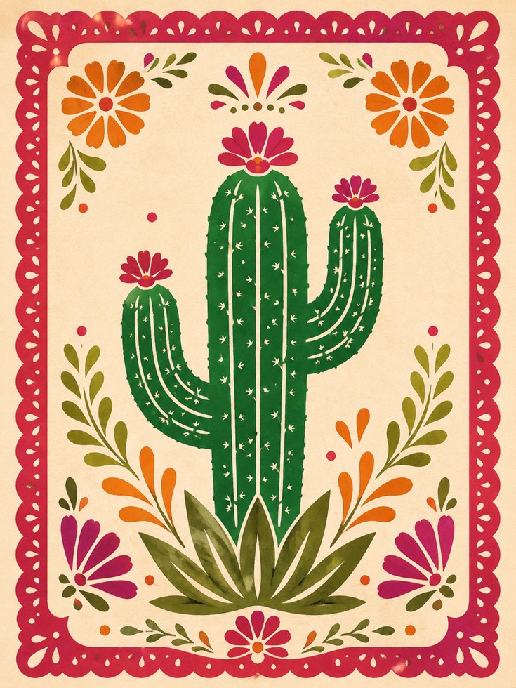 Mexican Folk Art Cactus Print - artwork on paper