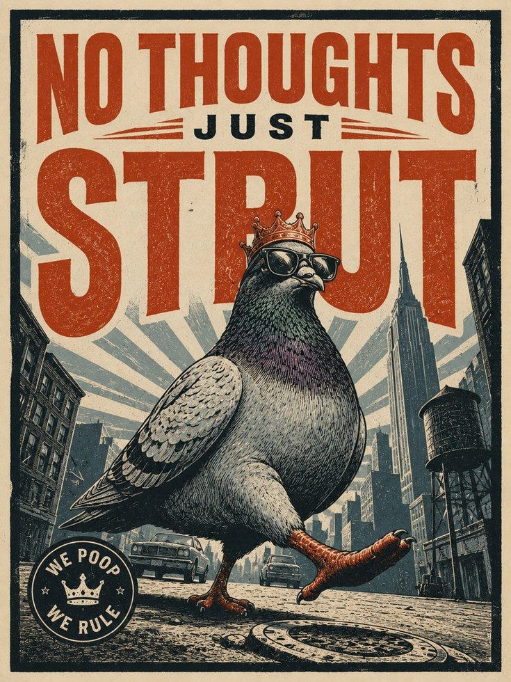No Thoughts Just Strut Pigeon Poster: Retro Urban Wall Art - artwork on paper