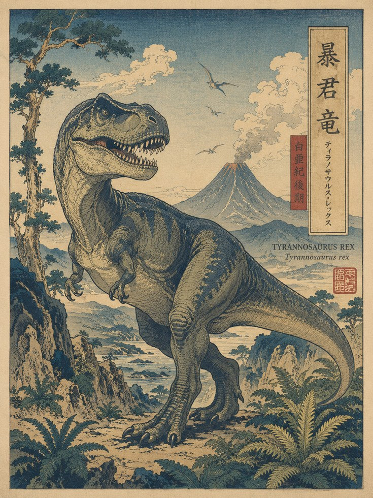 T-Rex Ukiyo-e Wall Art – Japanese Dinosaur Print - artwork on paper