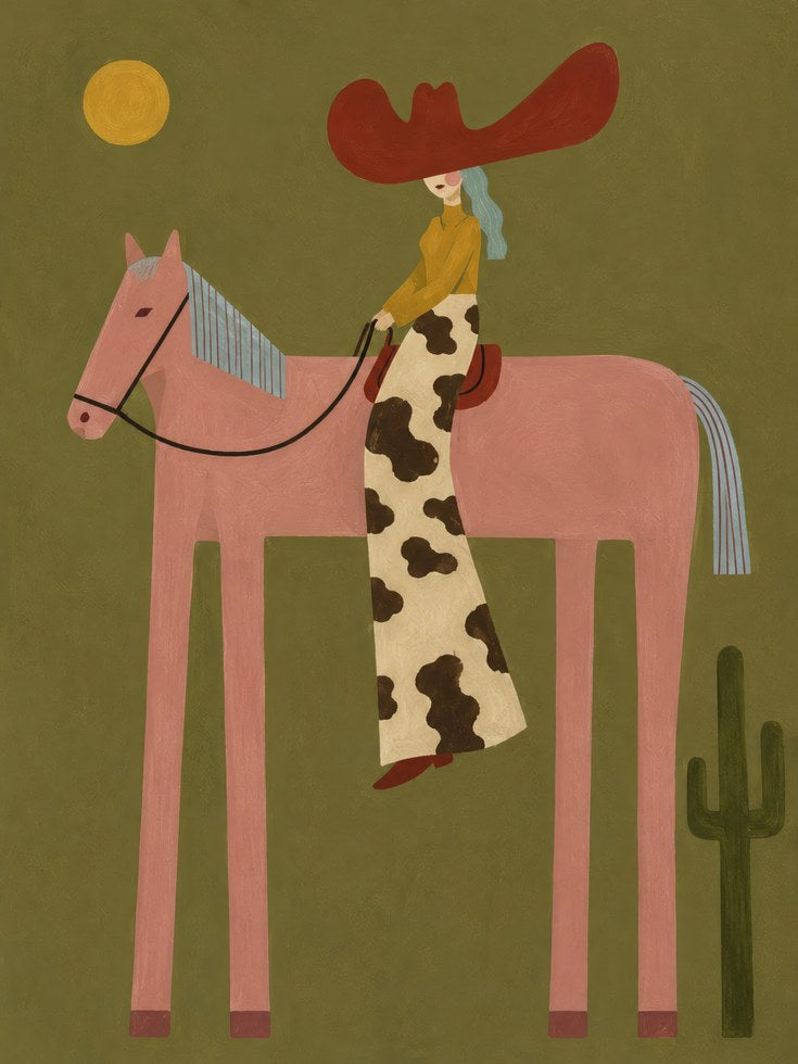 Western Folk Art Print – Cowboy Horse Wall Art - artwork on paper