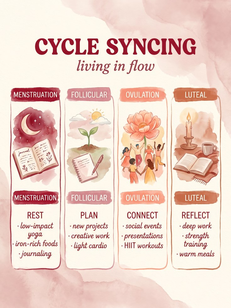 Cycle Syncing Chart Print: Menstrual Phases Watercolor Art - artwork on paper