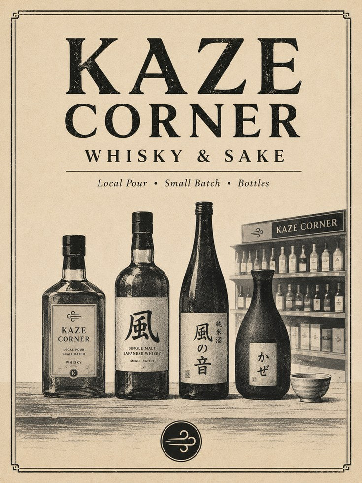 Kaze Corner Whisky Sake Bar Poster: Vintage Japanese Advertisement - artwork on paper