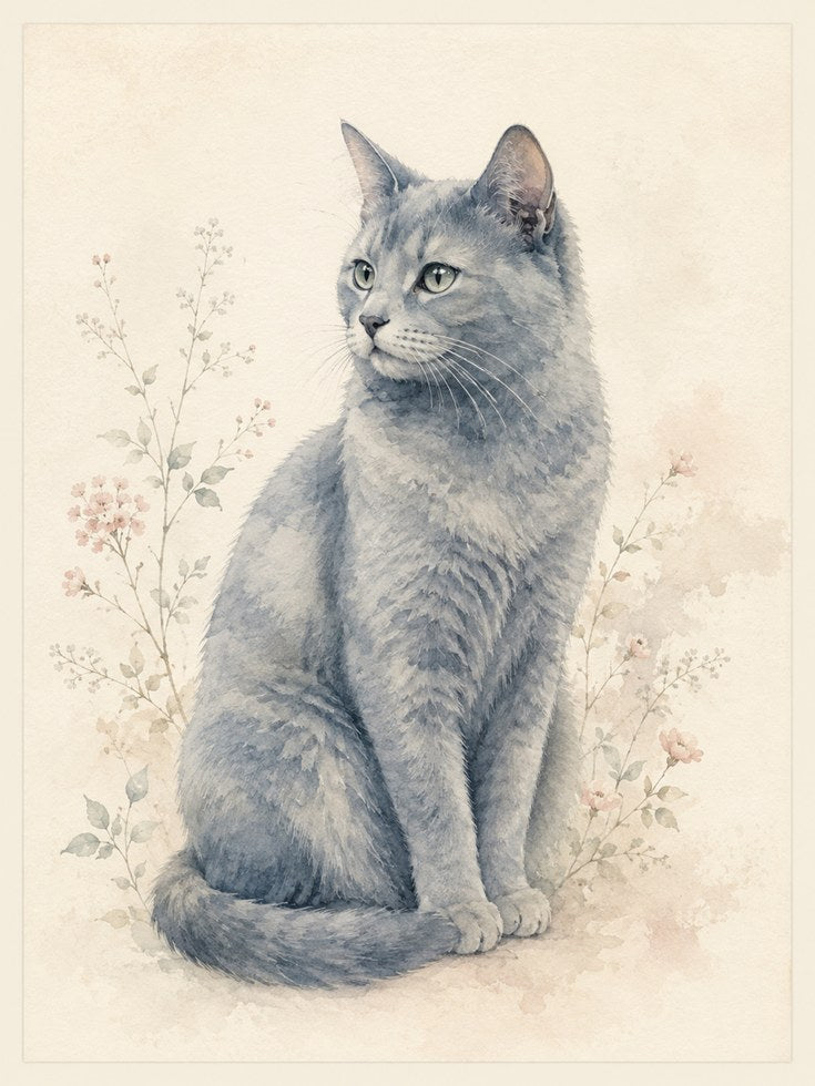 Gray Cat Watercolor Print: Botanical Floral Art - artwork on paper