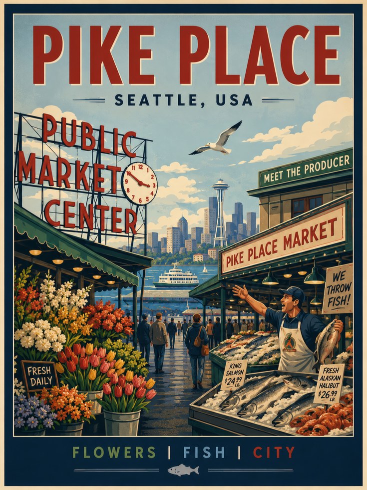 Pike Place Market Poster — Vintage Seattle Travel Print - artwork on paper