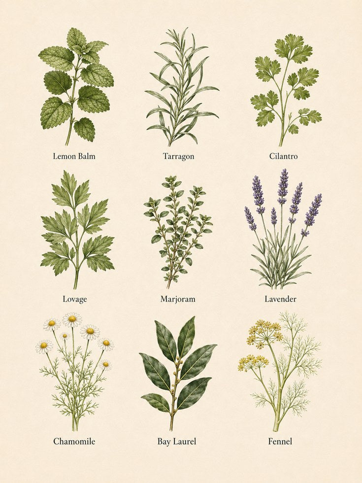 Kitchen Herbs Print – Botanical Chart Wall Art - artwork on paper