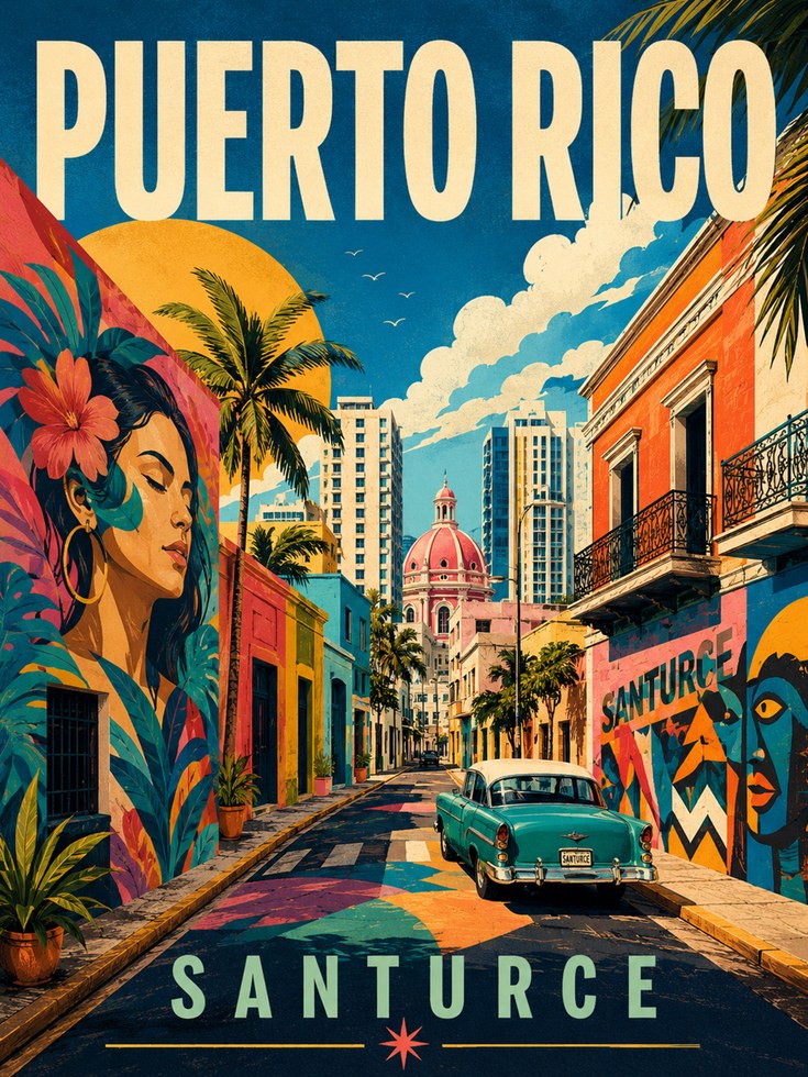 Puerto Rico Travel Poster – Santurce Wall Art - artwork on paper