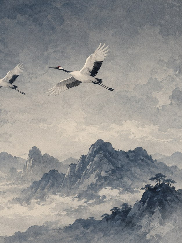 Japanese Cranes in Flight Art Print: Misty Mountain Landscape - artwork on paper