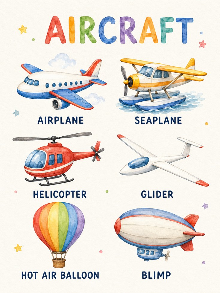 Watercolor Aircraft Print: Educational Airplane Art for Kids’ Rooms - artwork on paper
