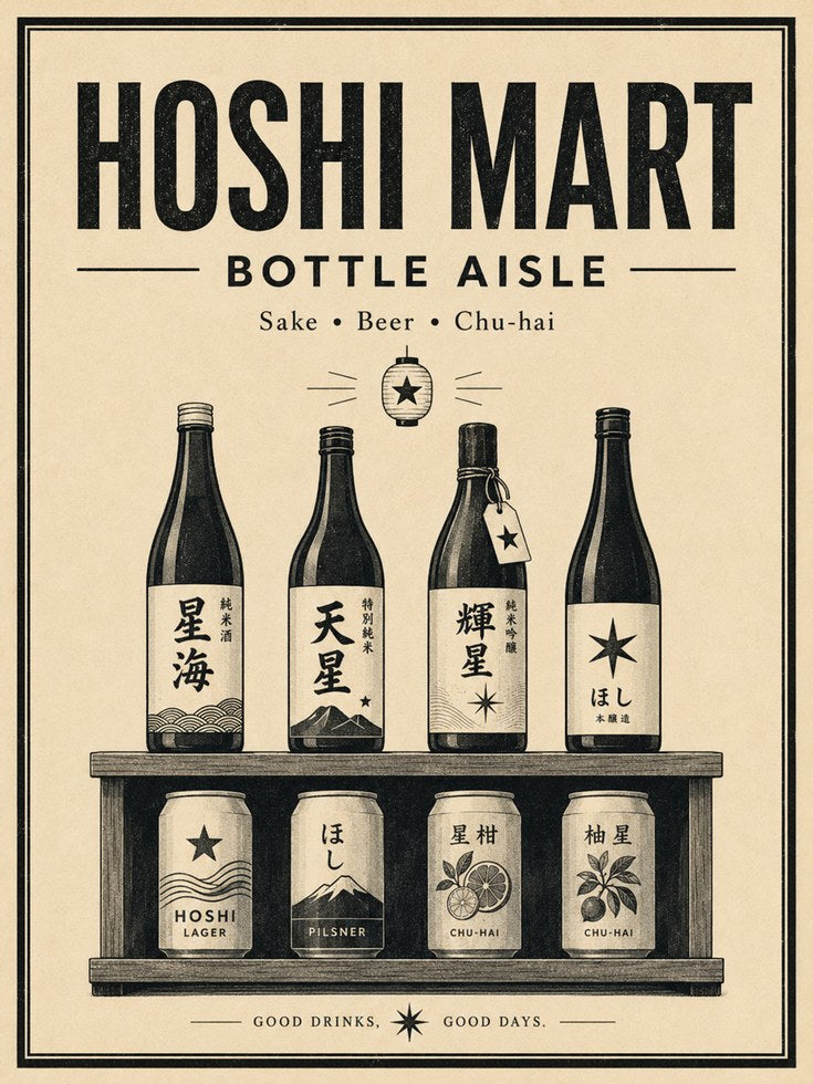 Japanese Sake Bottle Display Print: Vintage Typography Poster - artwork on paper