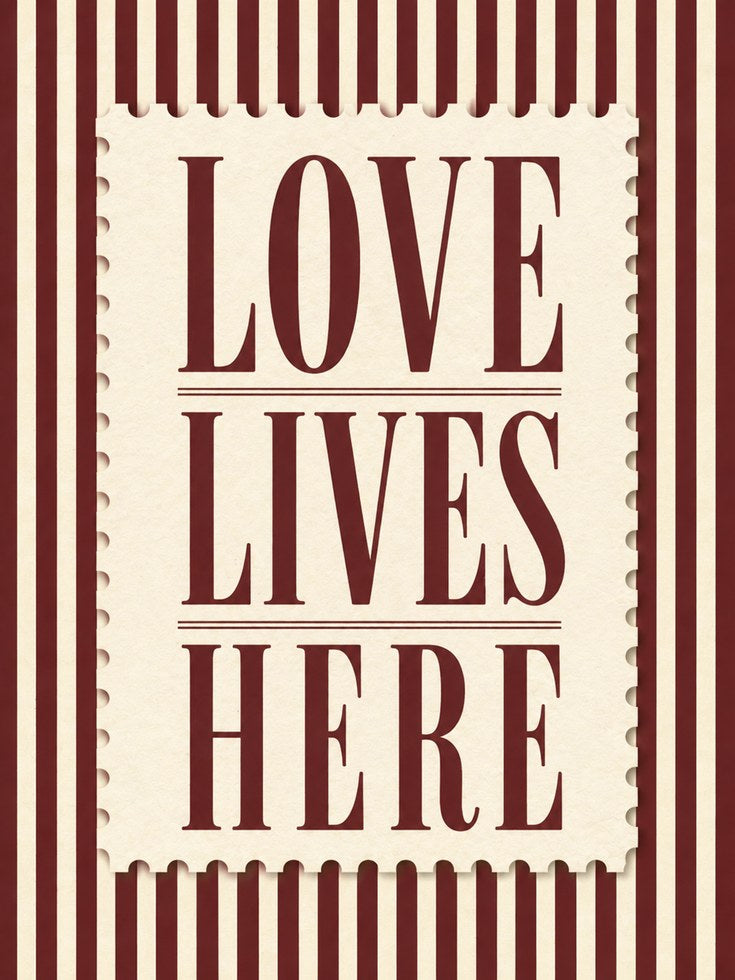 Love Lives Here Typography Print: Vintage Red Striped Wall Art - artwork on paper