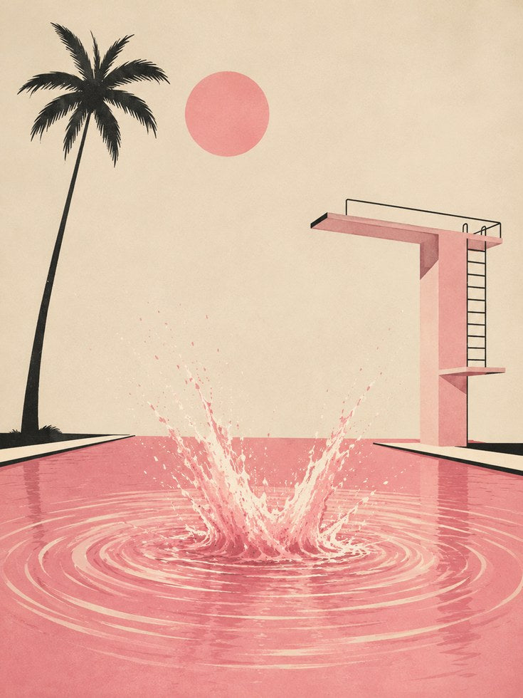 Minimalist Pool Poster – Pink Palm Tree Print - artwork on paper