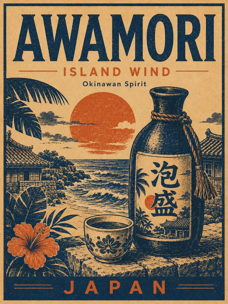 Japanese Sake Wall Art: Retro Okinawa Travel Poster - artwork on paper