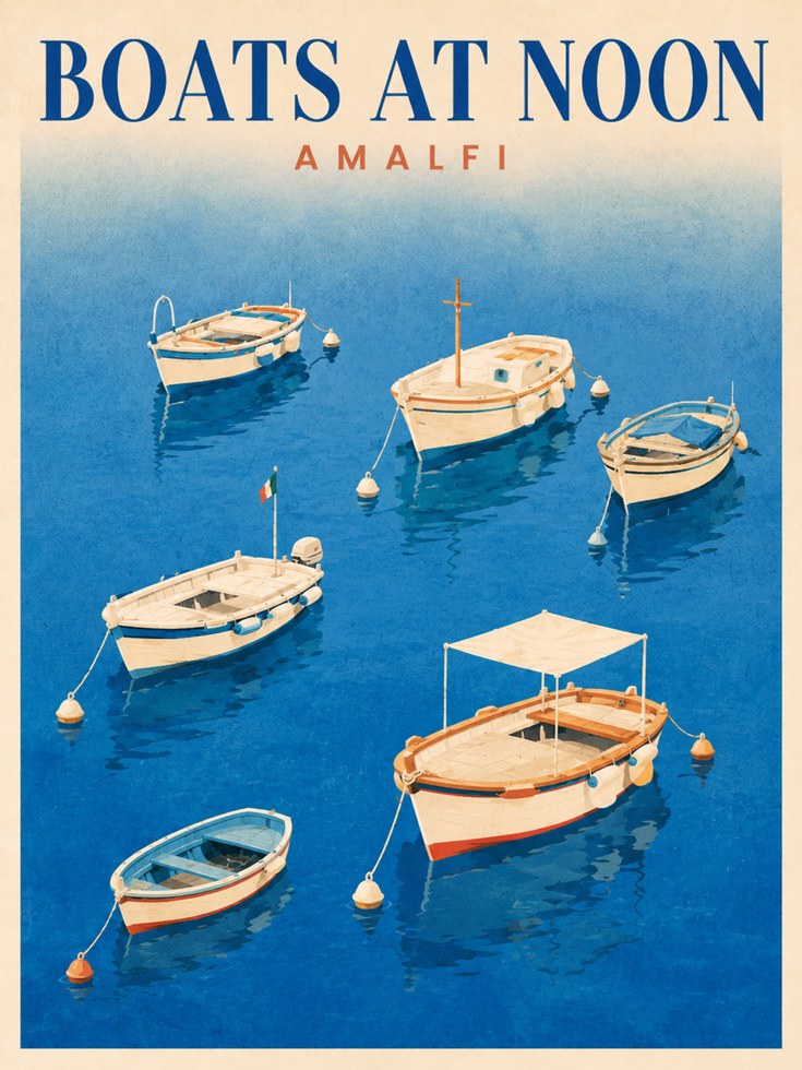 Amalfi Travel Poster – Boats at Noon Print - artwork on paper