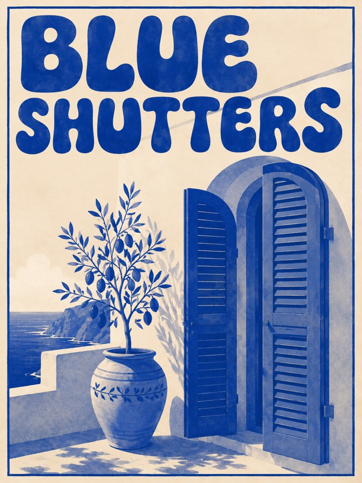 Greek Island Travel Poster: Blue Shutters and Olive Branch - artwork on paper