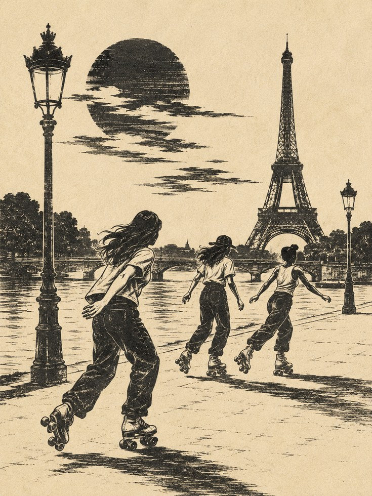 Paris Roller Skaters Art Print: Vintage Eiffel Tower Scene - artwork on paper