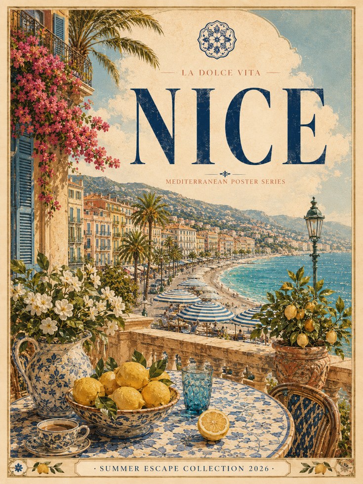 Nice France Travel Poster — Vintage Mediterranean Coastal Print - artwork on paper