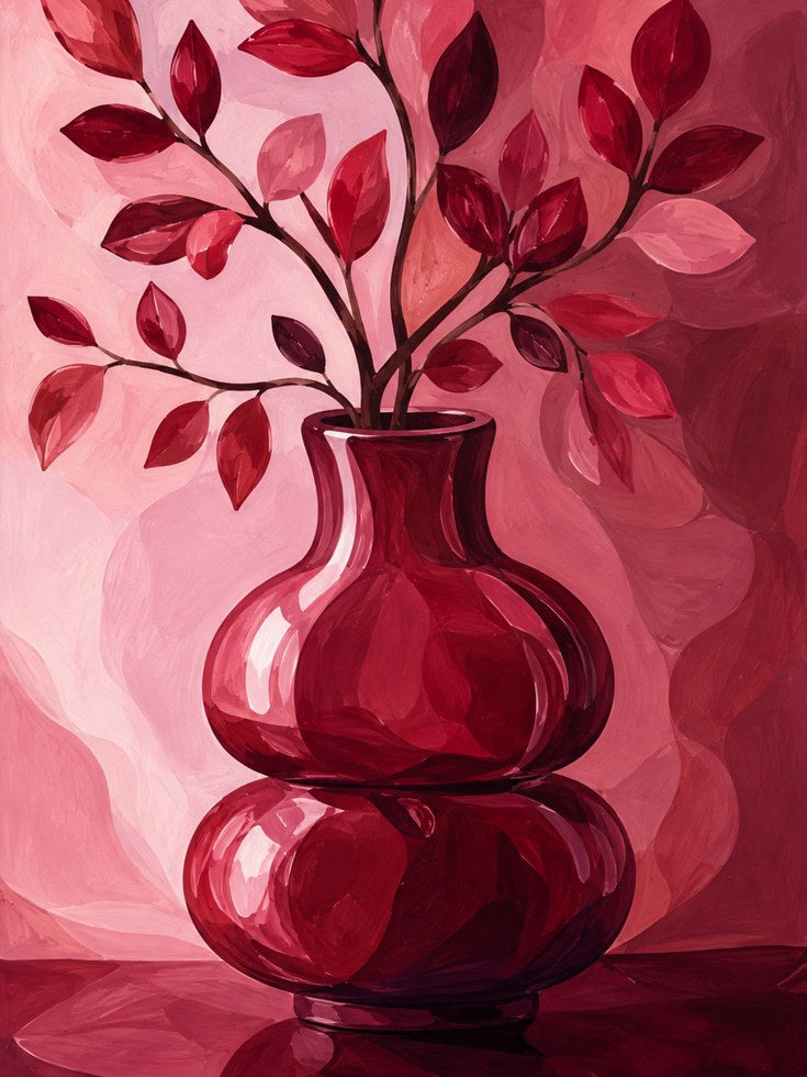 Red Botanical Vase Wall Art: Monochromatic Pink Still Life - artwork on paper