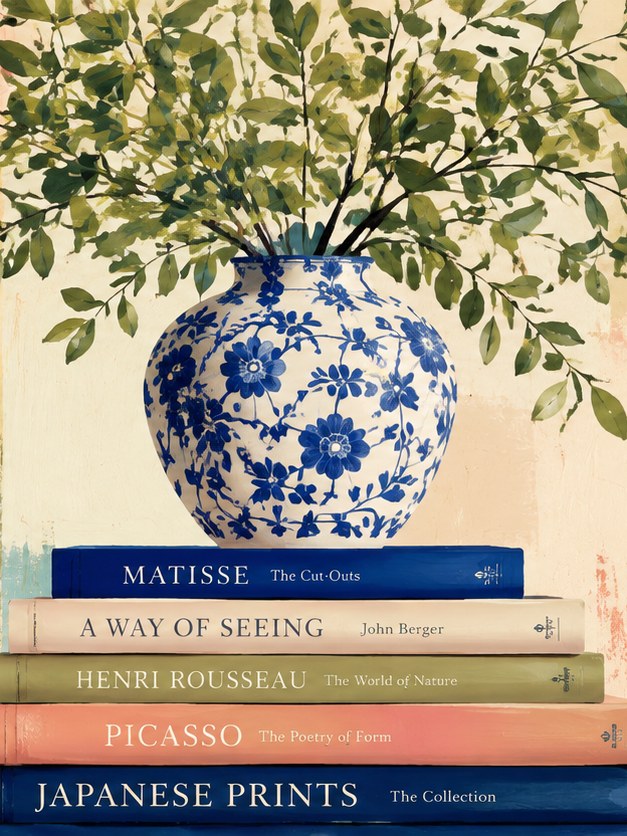 Blue and White Porcelain Vase with Greenery: Still Life Print - artwork on paper