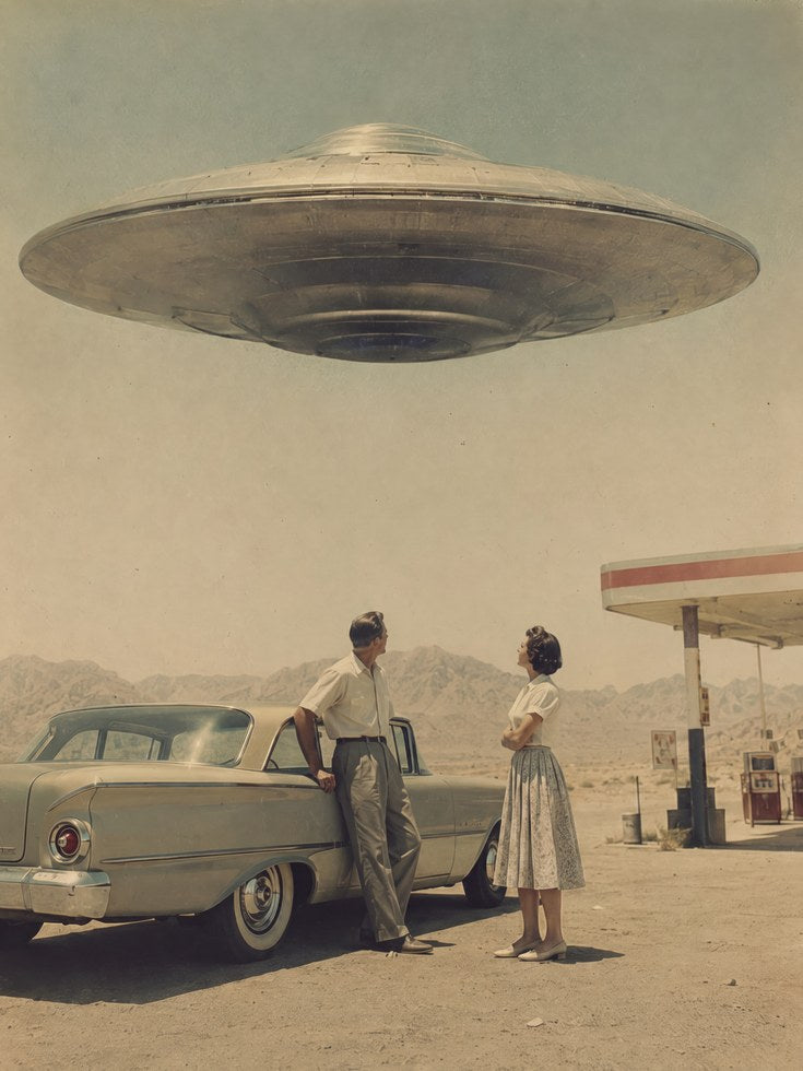 Vintage UFO Print — 1950s Retro Sci-Fi Scene - artwork on paper