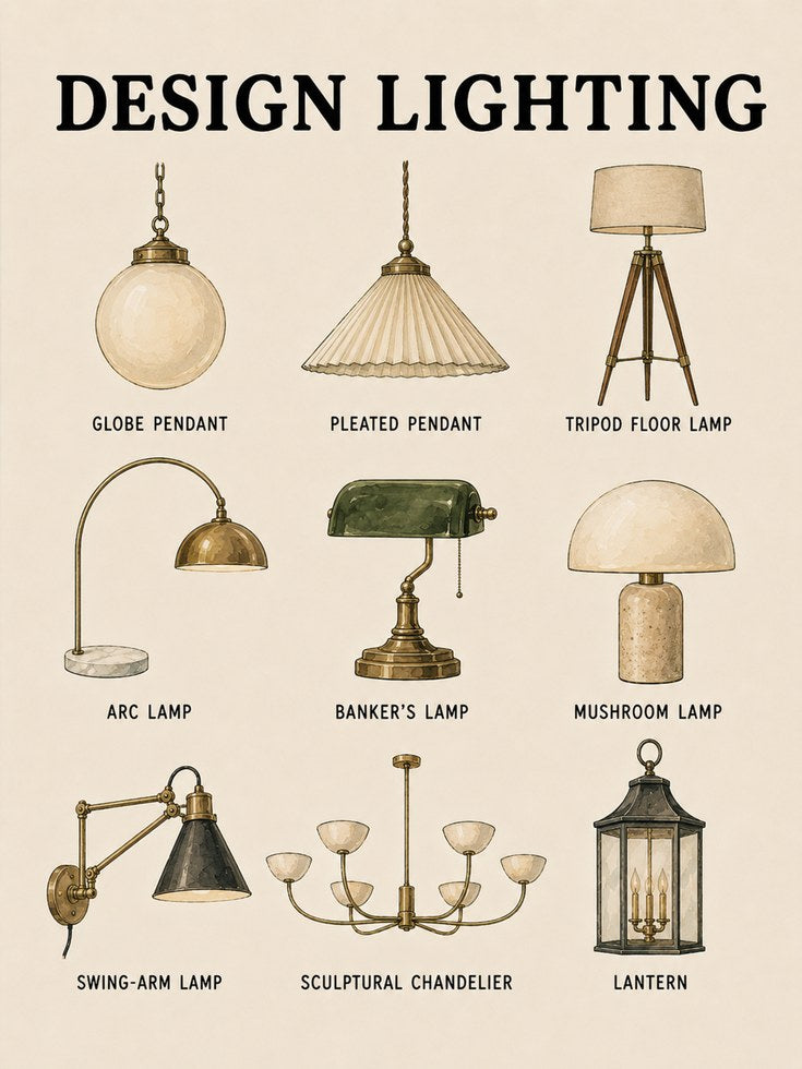 Lighting Design Chart: Vintage Lamp Illustrations (Mid-Century Style) - artwork on paper