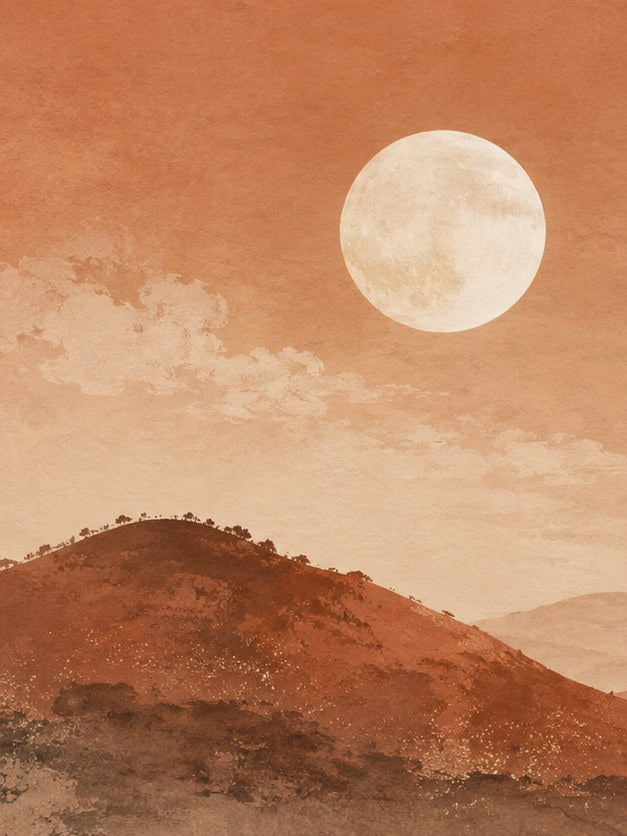 Desert Moon Landscape Print: Terracotta Minimalist Wall Art - artwork on paper