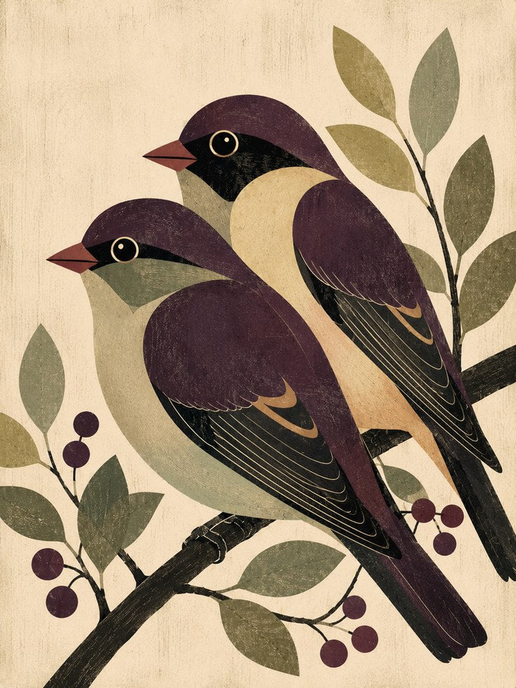 Folk Art Birds Print: Vintage Purple Finch Pair on Branch - artwork on paper
