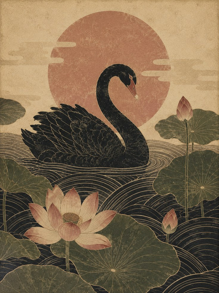 Black Swan Art Print: Japanese Lotus and Sun - artwork on paper