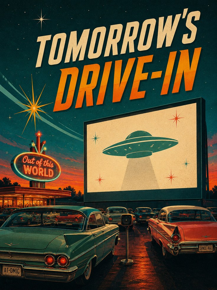 Retro Drive-In Movie Theater Poster: Atomic Age UFO Scene - artwork on paper
