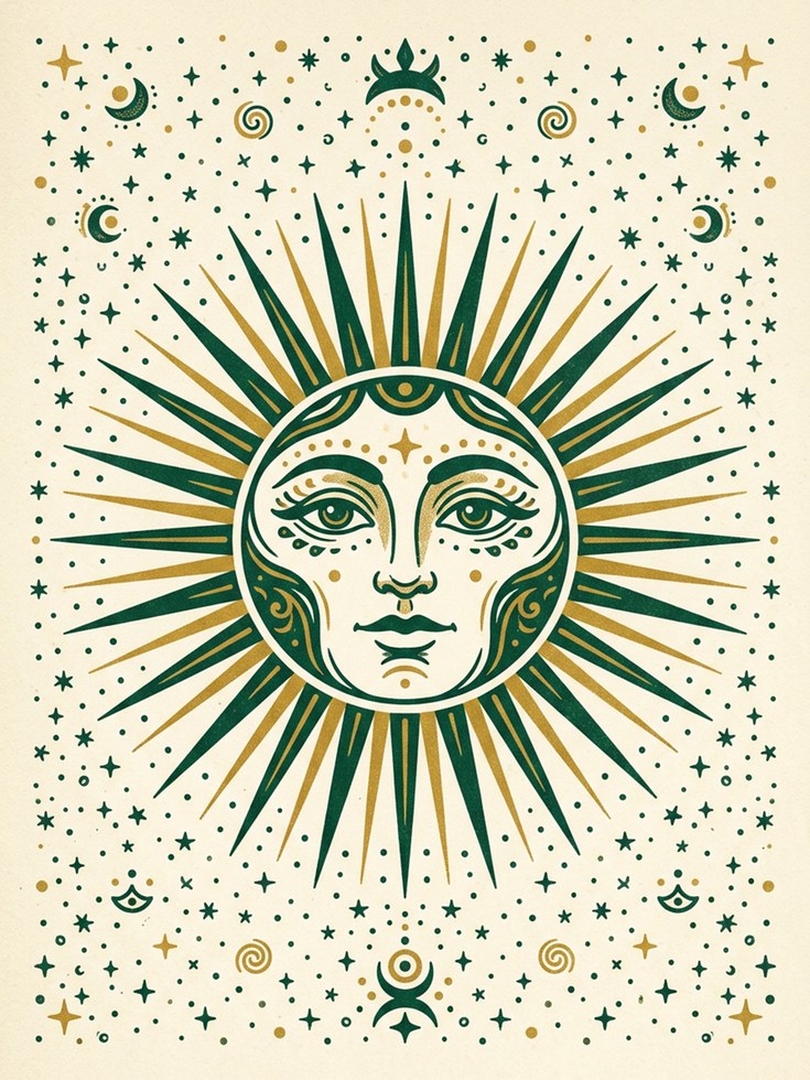Celestial Sun Face Wall Art: Mystical Green and Gold Print - artwork on paper