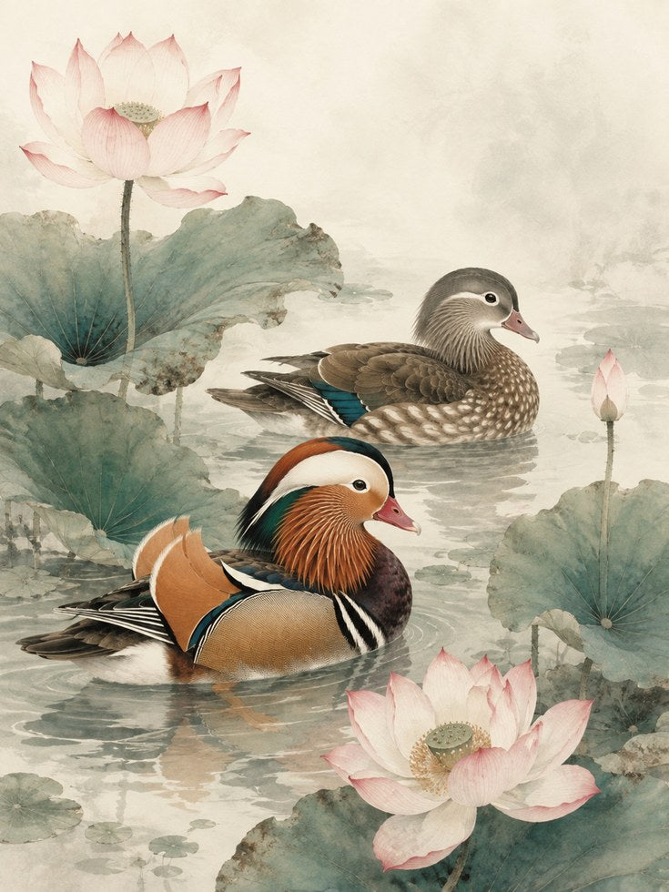 Mandarin Duck Wall Art – Lotus Flower Print - artwork on paper