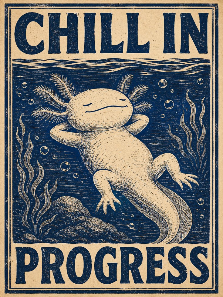 Axolotl Retro Print – Linocut Style - artwork on paper
