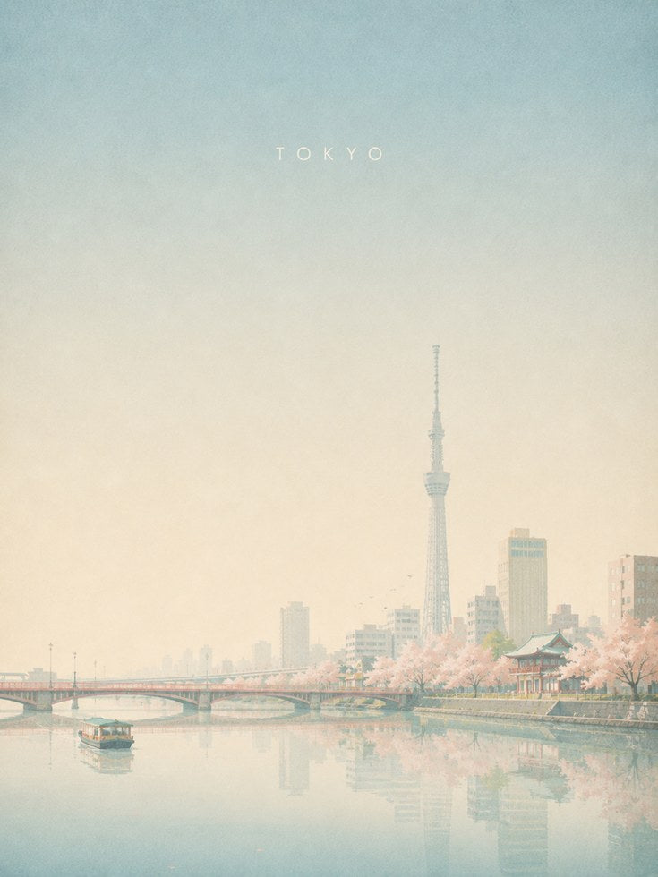 Tokyo Skytree Cherry Blossom Print: Pastel Cityscape Wall Art - artwork on paper