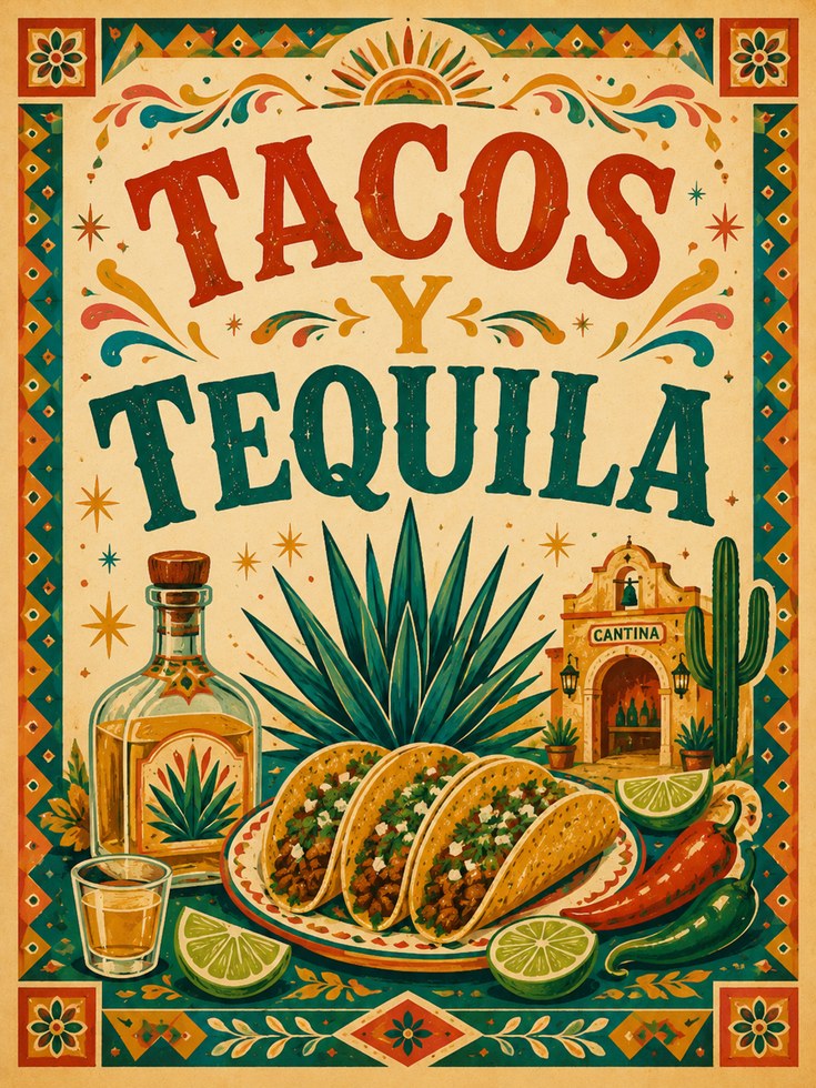 Tacos and Tequila Print: Colorful Mexican Cantina Wall Art - artwork on paper