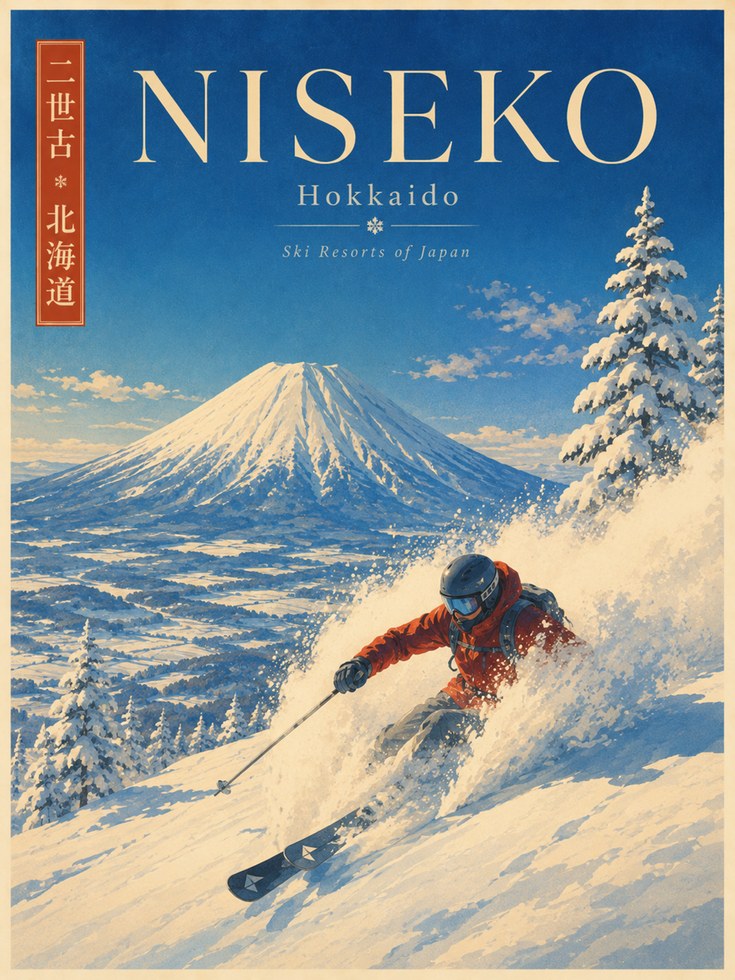 Niseko Ski Poster Print: Vintage Japanese Alps Travel Art - artwork on paper