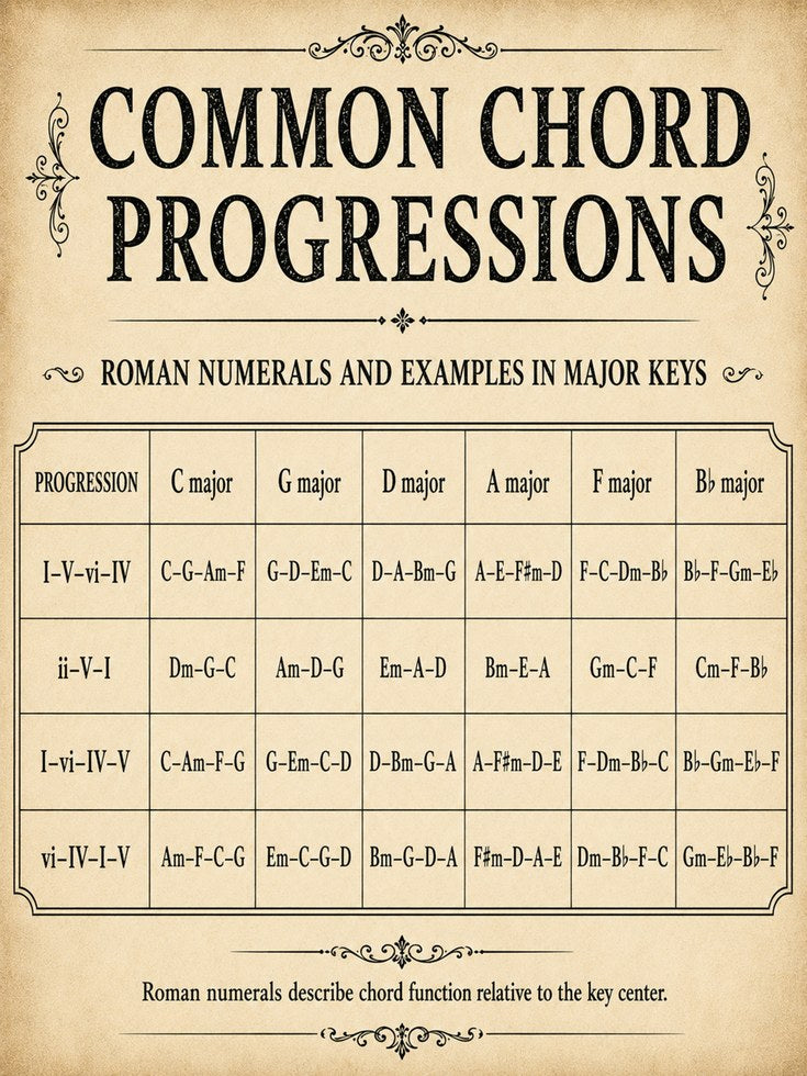 Music Theory Poster – Chord Progressions Chart - artwork on paper