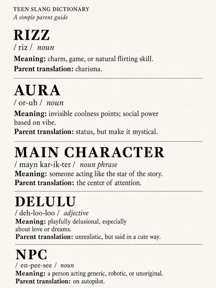 Teen Slang Dictionary Print: Minimalist Typography Wall Art - artwork on paper