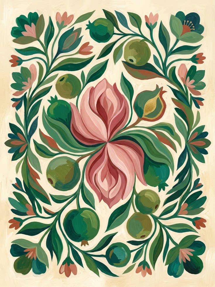 Folk Art Botanical Print: Pink Tulip and Green Pomegranate Design - artwork on paper