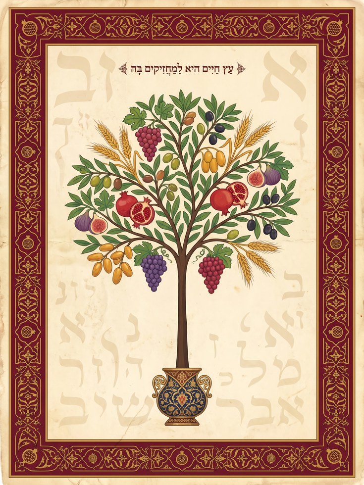 Tree of Life Art Print: Hebrew Blessing with Seven Species - artwork on paper