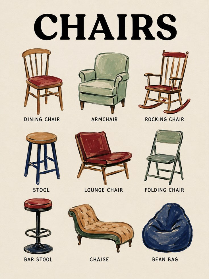 Chair Types Poster – Furniture Educational Print - artwork on paper