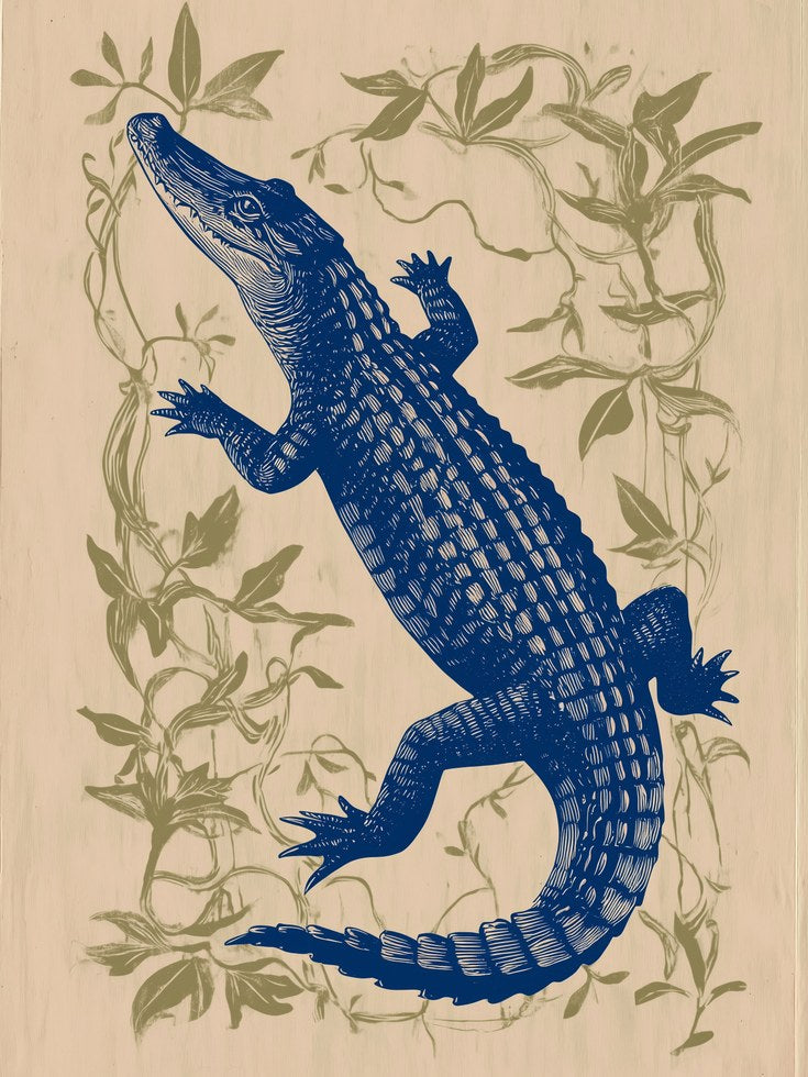 Blue Alligator Print: Vintage Botanical Natural History Art - artwork on paper