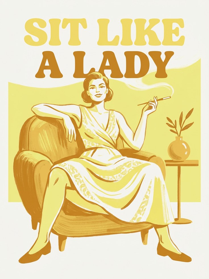 Sit Like a Lady Retro Poster: Mid-Century Yellow Wall Art - artwork on paper