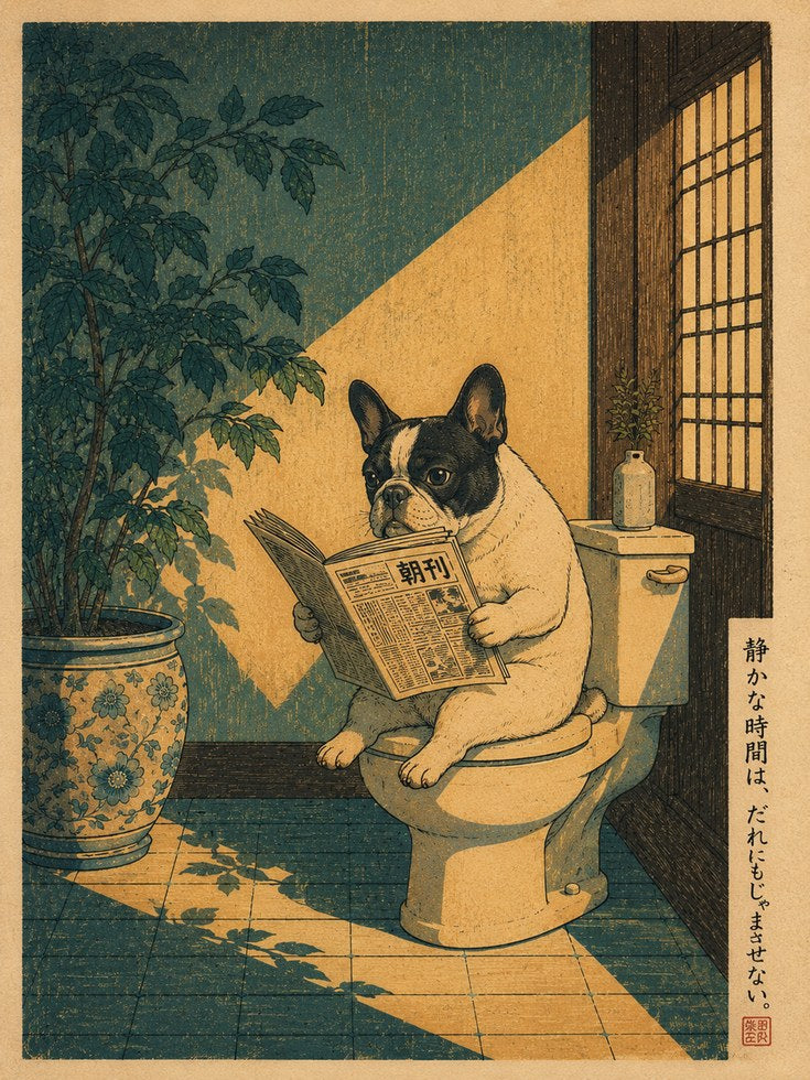 French Bulldog Reading Newspaper: Japanese Woodblock Style Print - artwork on paper