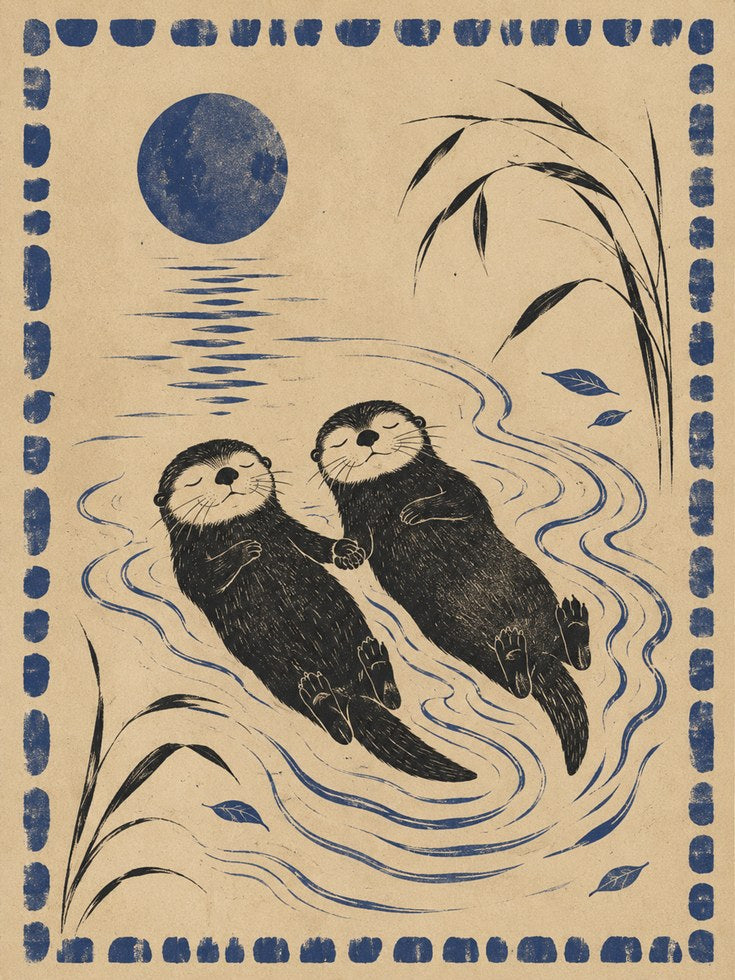 Sea Otter Wall Art – Japanese Folk Style Print - artwork on paper