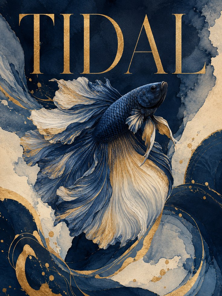 Tidal Betta Fish Art Print: Navy Blue and Gold Watercolor Design - artwork on paper
