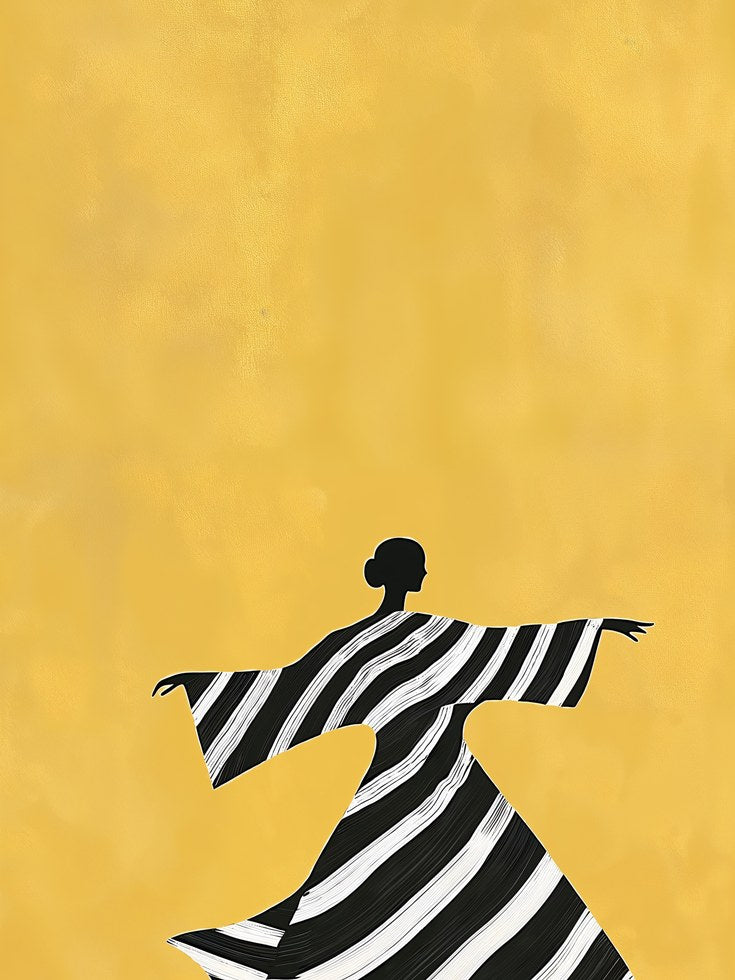 Dancing Figure in Striped Dress: Minimalist Yellow Wall Art - artwork on paper