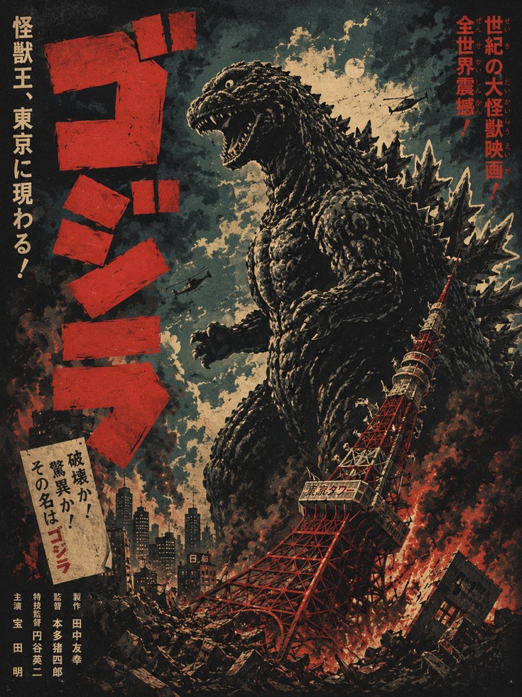 Japanese Monster Poster – Vintage Kaiju Print - artwork on paper