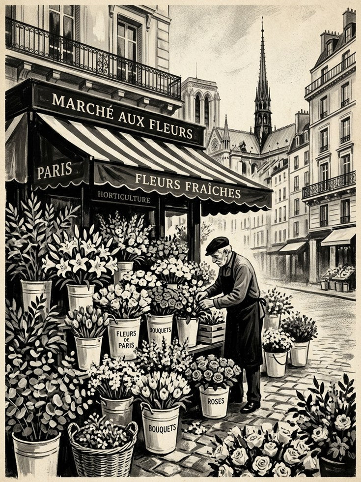Paris Flower Market Art Print: Vintage Sepia Street Scene - artwork on paper