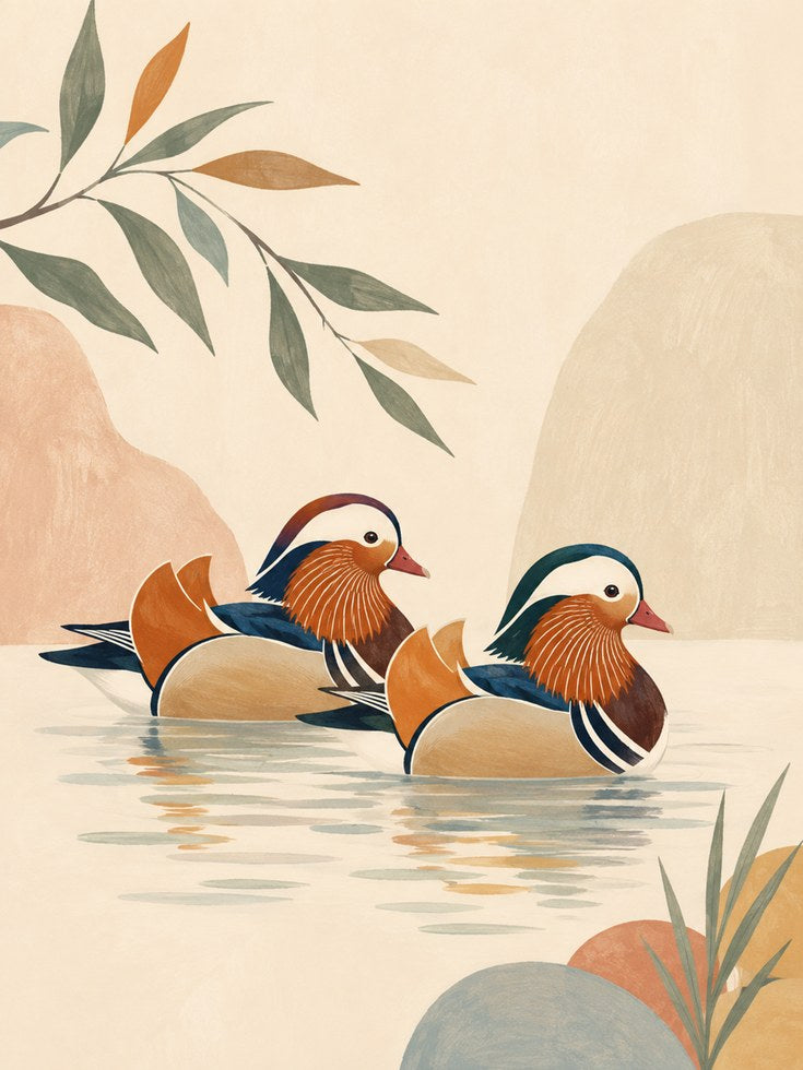 Mandarin Ducks Wall Art: Minimalist Asian Inspired Design - artwork on paper